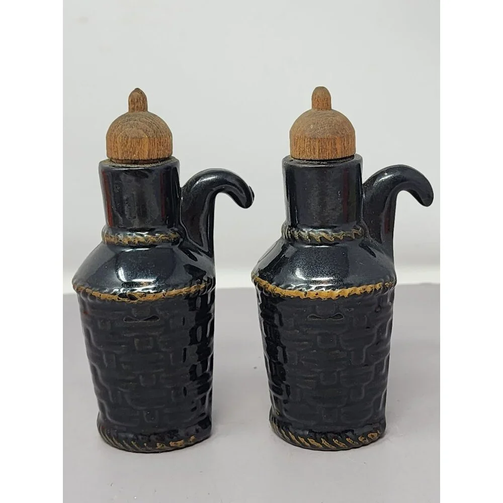 Vintage Black Ceramic Oil & Vinegar Cruet Set With Cork Stoppers Retro MCM Decor